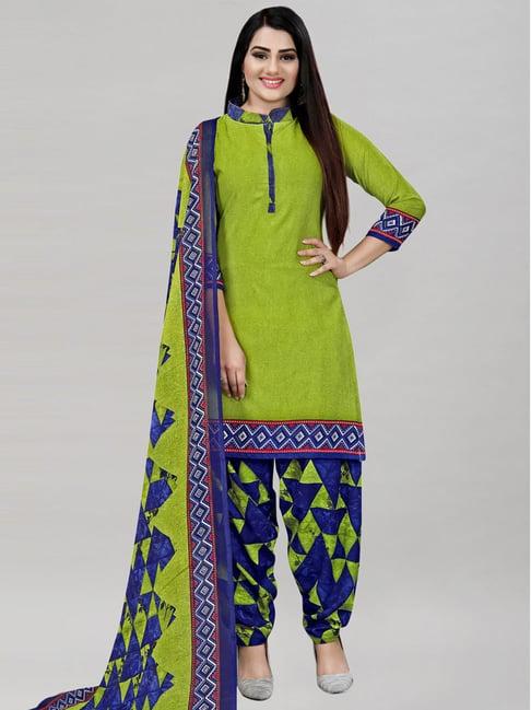 satrani green & blue printed unstitched dress material