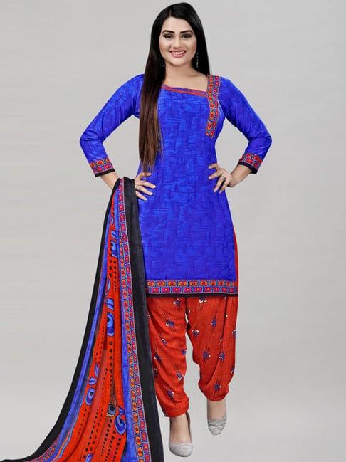 satrani royal blue & red printed unstitched dress material