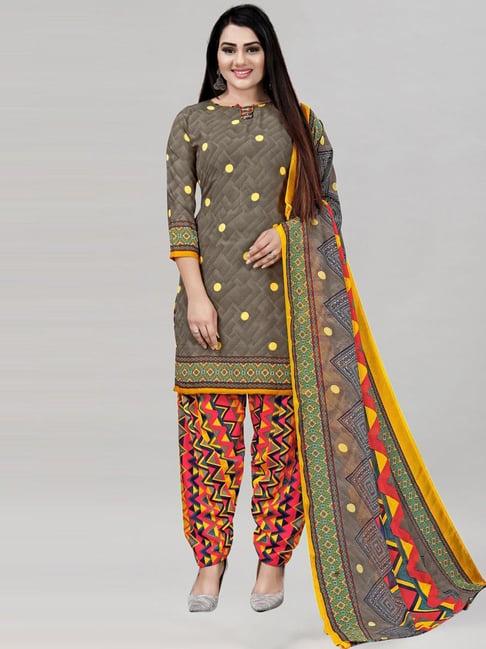 satrani brown & yellow printed unstitched dress material