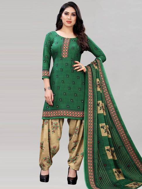 satrani green & beige printed unstitched dress material