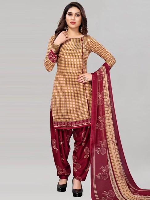 satrani beige & maroon printed unstitched dress material