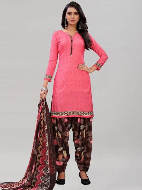 satrani pink & brown printed unstitched dress material