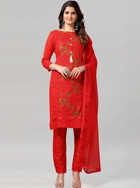 satrani red cotton embroidered unstitched dress material