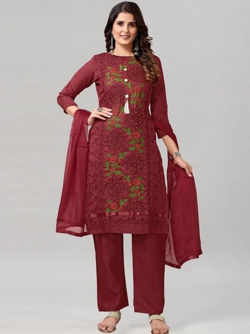 satrani maroon cotton embroidered unstitched dress material