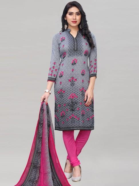 satrani grey & pink printed unstitched dress material