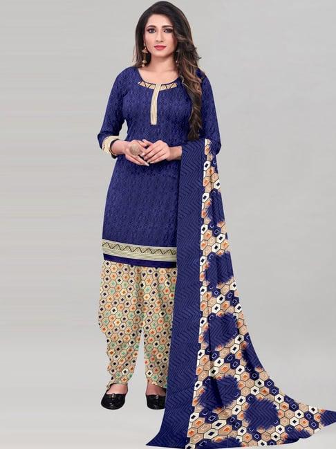 satrani blue & beige printed unstitched dress material