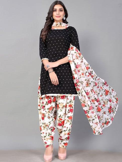 satrani black & white floral print unstitched dress material