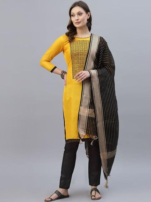 satrani yellow & black embroidered unstitched dress material