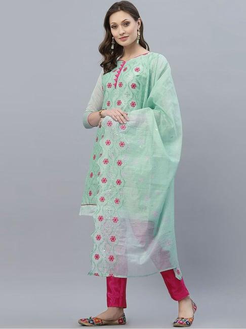 satrani aqua green & pink embroidered unstitched dress material