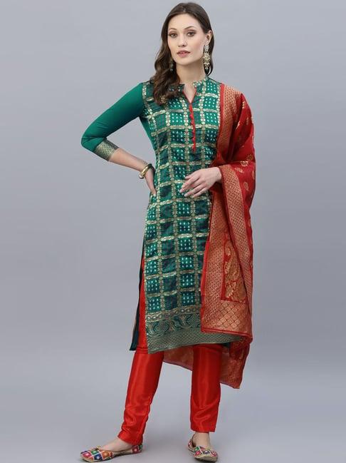 satrani green & red woven pattern unstitched dress material