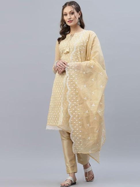 satrani beige embroidered unstitched dress material