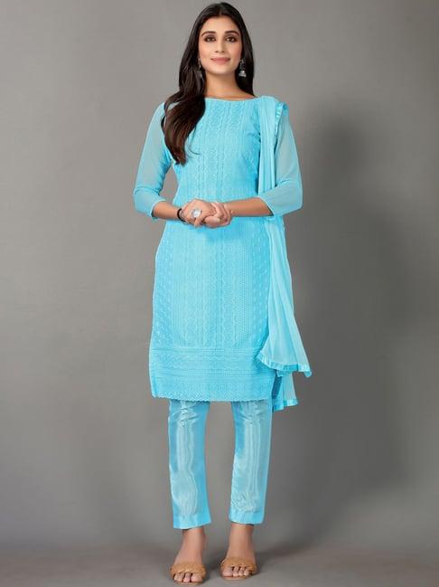 satrani sky blue embroidered unstitched dress material