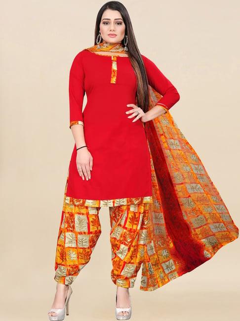 satrani red & yellow printed unstitched dress material