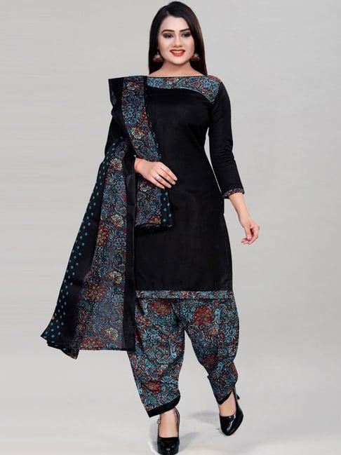 satrani black & blue cotton printed unstitched dress material