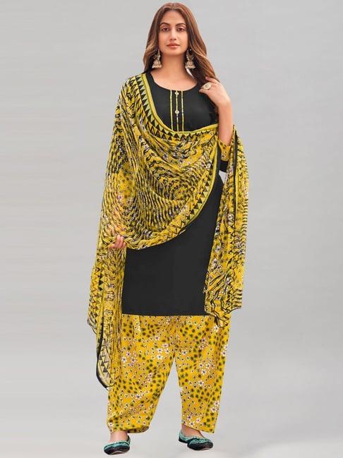 satrani black & yellow floral print unstitched dress material