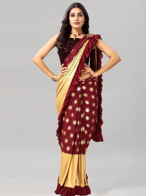 satrani maroon printed ready to wear saree with unstitched blouse