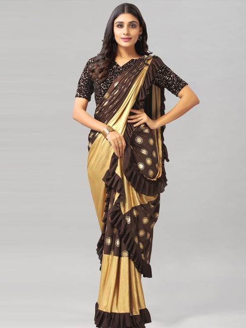 satrani brown printed ready to wear saree with unstitched blouse