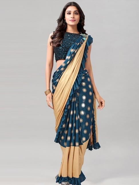 satrani teal blue printed ready to wear saree with unstitched blouse