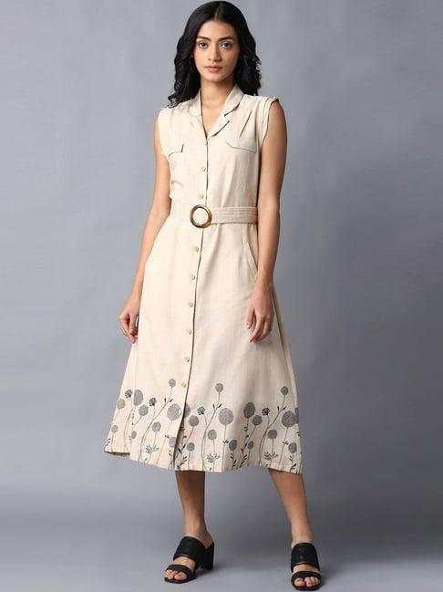 w beige cotton floral print a-line dress