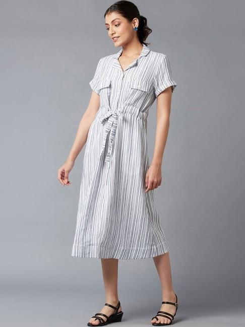 w blue cotton striped a-line dress