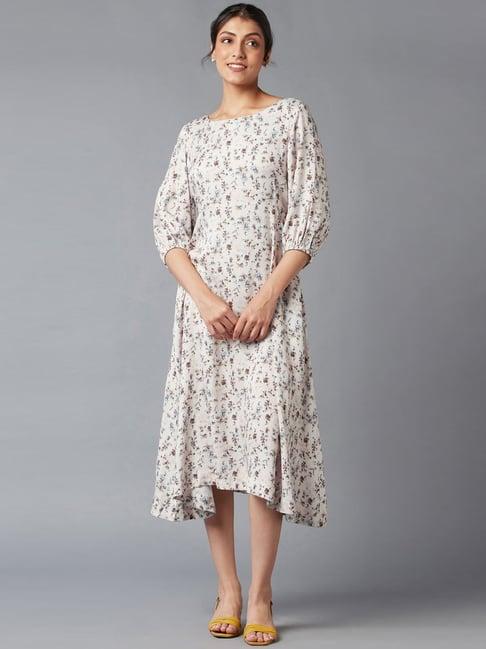 w beige floral print a-line dress