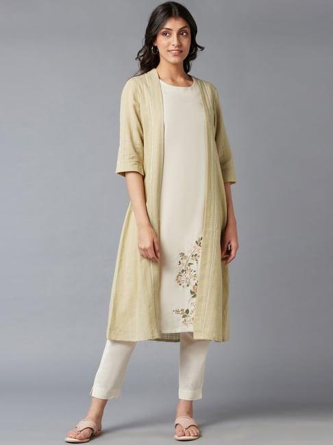 w white & green cotton embroidered straight kurta with jacket