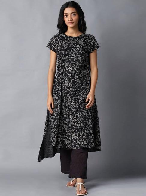 w black cotton printed flared kurta