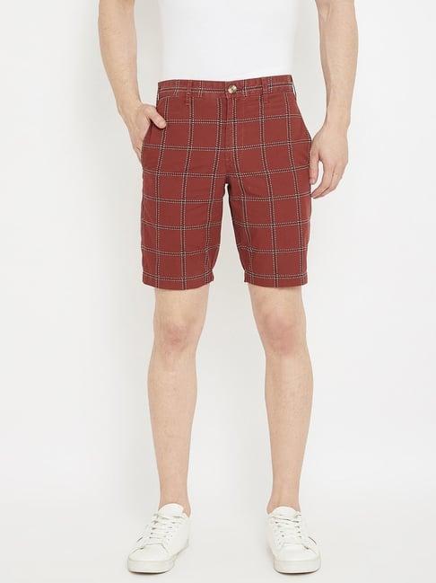 crimsoune club maroon cotton slim fit checks shorts