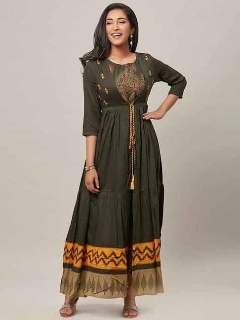 urban mystic dark green printed flared kurta