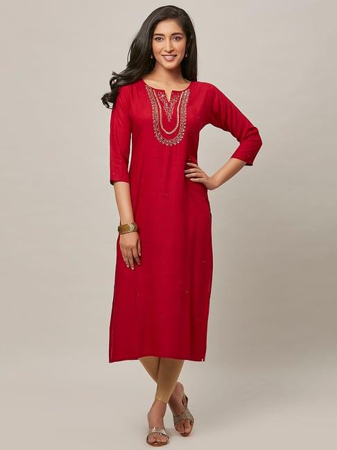 urban mystic maroon embroidered a line kurta