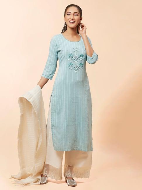 urban mystic sky blue embroidered a line kurta