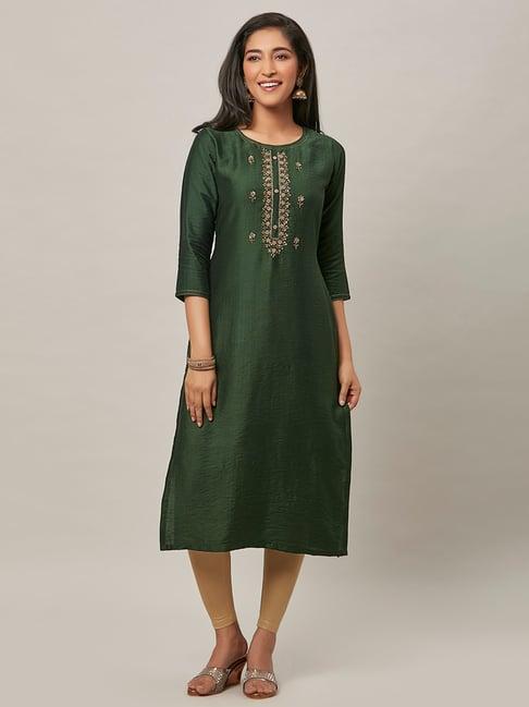 urban mystic green embroidered a line kurta