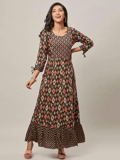 urban mystic dark green printed flared kurta