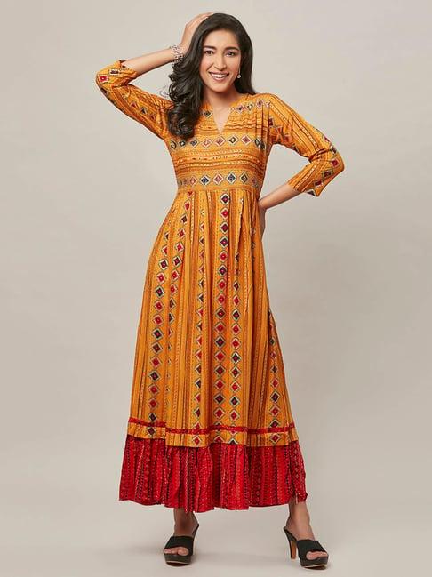 urban mystic yellow printed fit & flare kurta