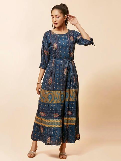 urban mystic navy printed flared kurta