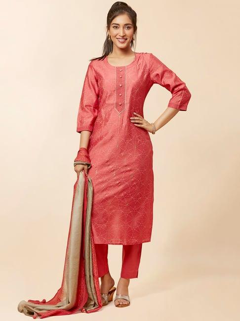 urban mystic pink printed kurta with pant & dupatta