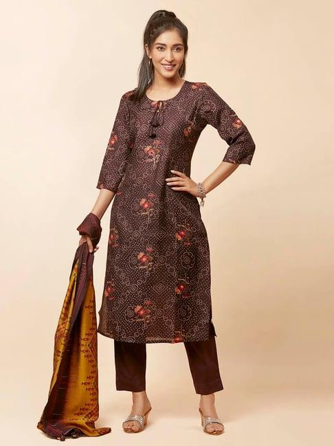 urban mystic maroon printed kurta with pant & dupatta