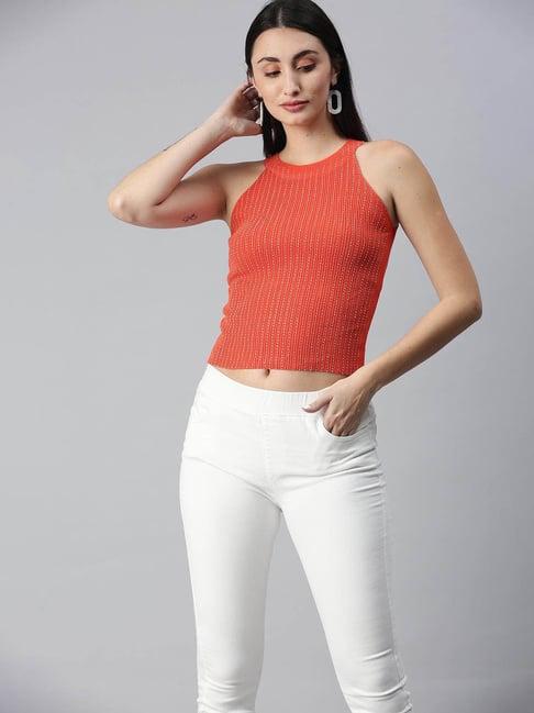 sheczzar orange embellished crop top