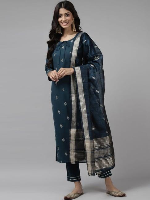 indo era teal blue printed dupatta