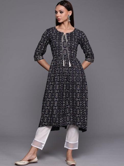 indo era navy cotton printed kurta