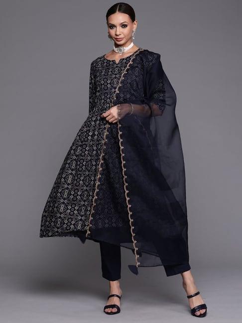 indo era navy bandhani print kurta pant set with dupatta