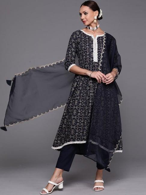 indo era navy bandhani print kurta pant set with dupatta