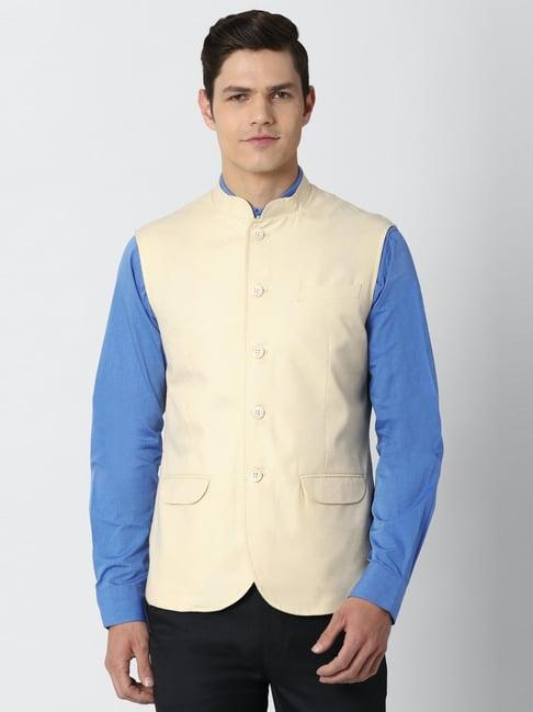 peter england beige regular fit printed nehru jacket