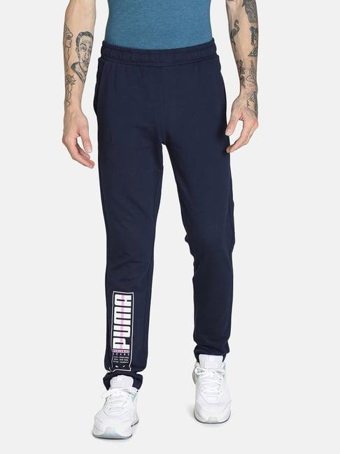 puma navy cotton printed slim fit track pants