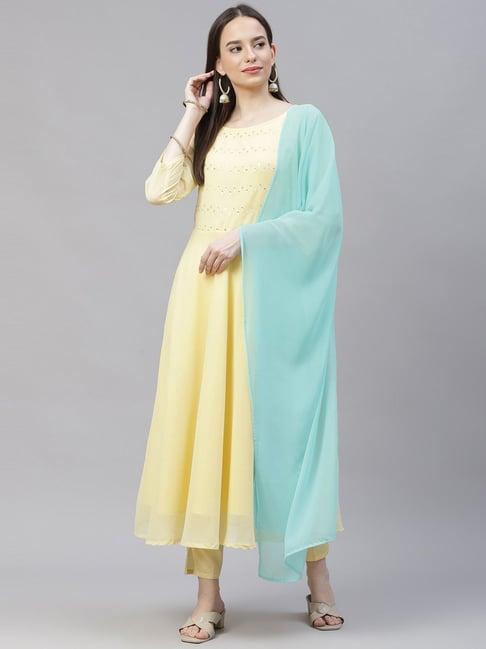 jompers yellow embroidered kurta pant set with dupatta