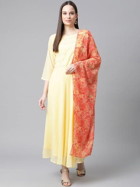 jompers yellow embroidered kurta pant set with dupatta