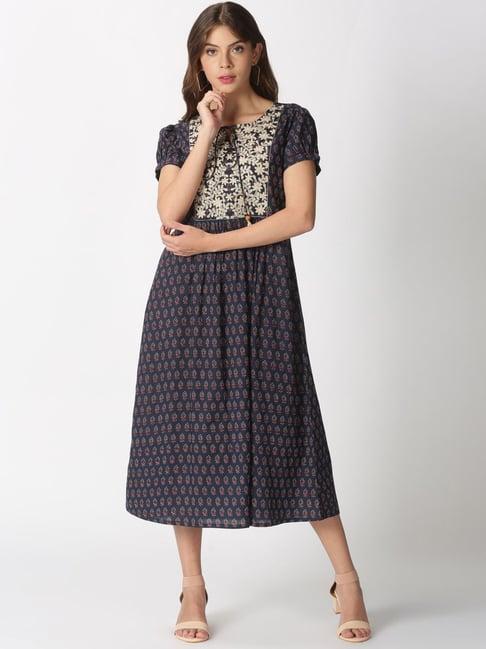 saffron threads navy cotton embroidered a-line dress