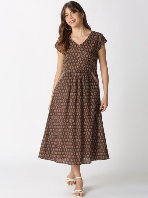 saffron threads brown cotton printed a-line dress