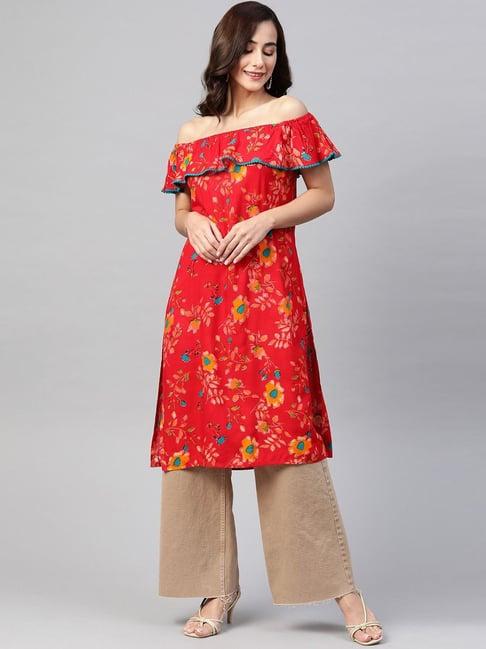 jompers red floral print straight kurta