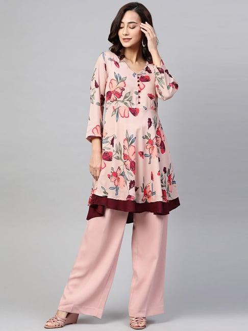 jompers peach cotton floral print flared kurta